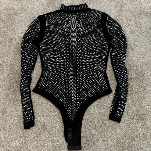 new small sheer mesh all over rhinestone mock neck bodysuit TLS2 2257 Black