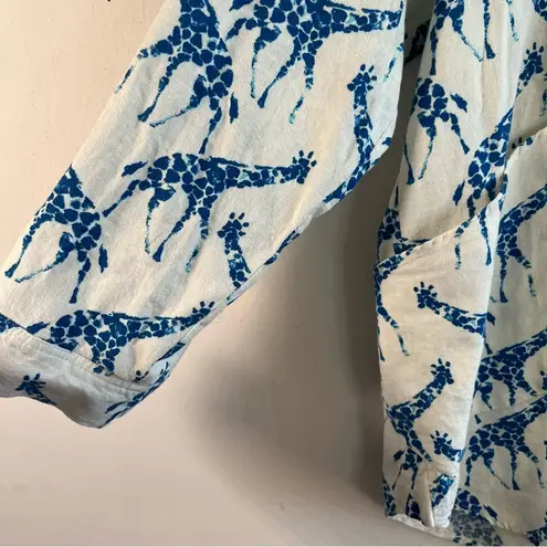 For Cynthia Tunic White w/ Blue Giraffes Linen Blend 3/4 Sleeves Sz 1X EUC