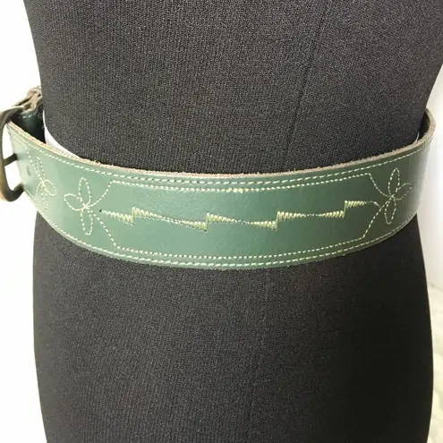 None Embroidered Bridle Stitch Belt Green Brass