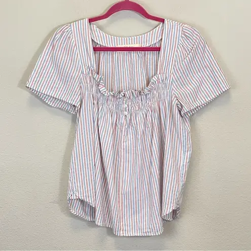 Anthropologie  Isabella Sinclair Striped Smocked Neck Short Sleeve White Red S