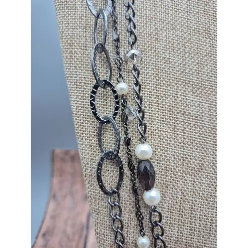 Premier Design Gun Metal Chain Necklace Faux Pearls Hammered Links Multi Strand Black