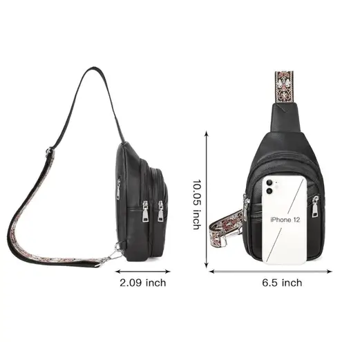 Telena Black Sling Bag Crossbody Purse Vegan Leather Fanny Pack Adjustable Strap