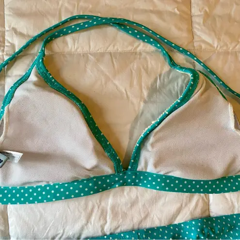 Y2K Vintage 90s Blue Polka Dot String Bikini Size Medium White Ruffle