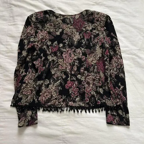 Vintage MSK Black & pink floral jacquard cardigan with beaded fringe Size M