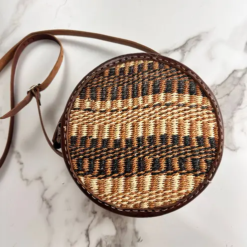 Handmade Jute Woven Boho Crossbody Circle Bag Brown Leather