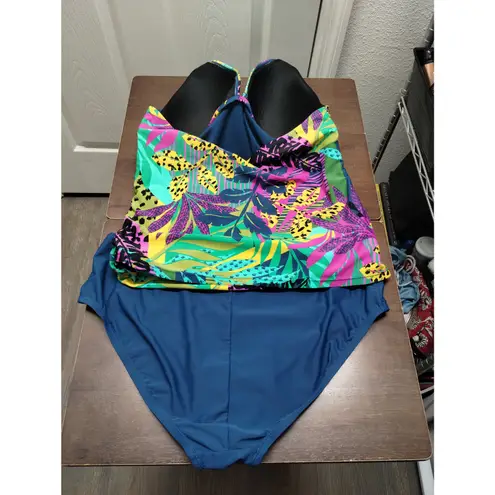 Into the Bleu Women's Size XXL Tropical Multicolor 2 Piece Tankini Swimsuit Set Blue