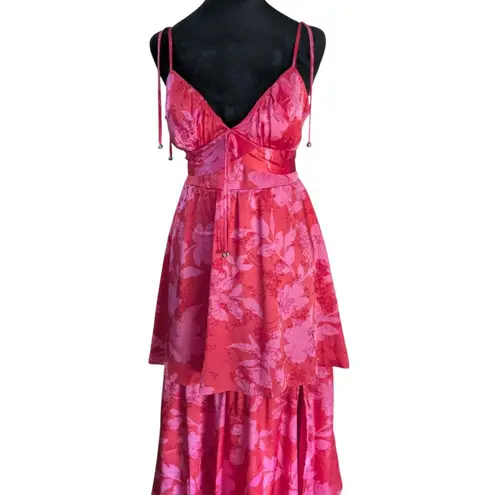 Crystal Doll Tiered Maxi Gown M Red Pink Floral Satin Fantasy Fairy Formal Dress