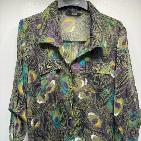 Peacock Feather Sheer Button Front Blouse 3/4 Tab Up Sleeves by Sara Michelle Green Size L