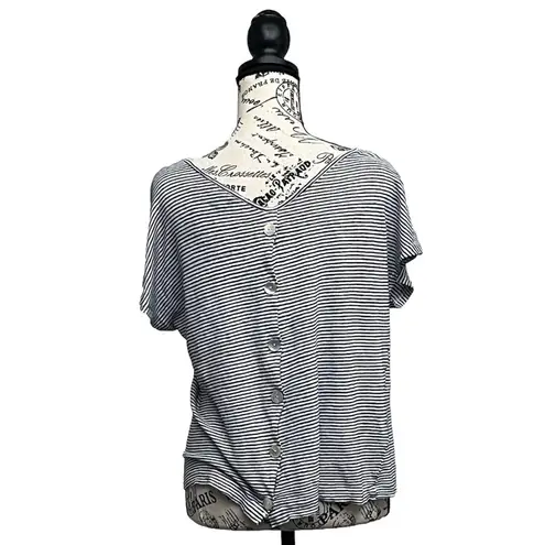 Tahari Shirt V Neck 100% Linen T-Shirt Striped Sz Large Nautical Neck Preppy