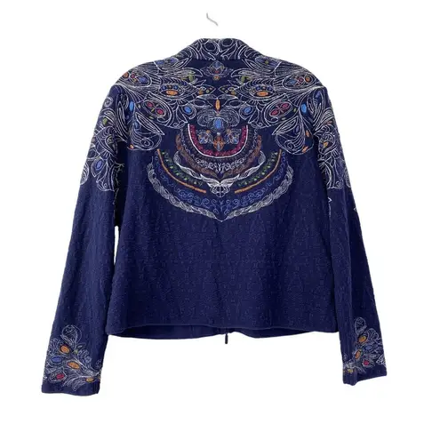 Ivko Embroidered Jacket Cardigan Size 40 L Zip Front Pockets Neckless Pattern Blue Size L