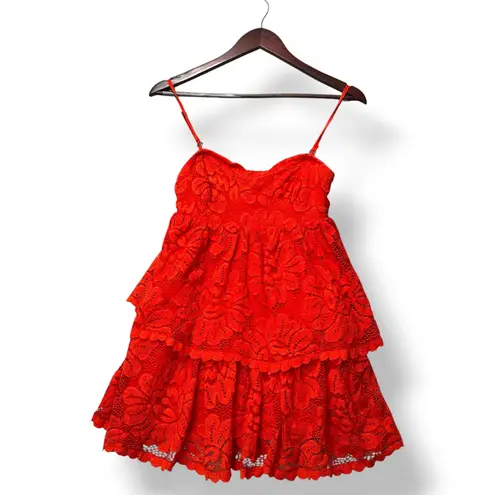 Maeve Anthropologie Women Red Lace Tiered Mini Dress XS Summer Party Cocktail