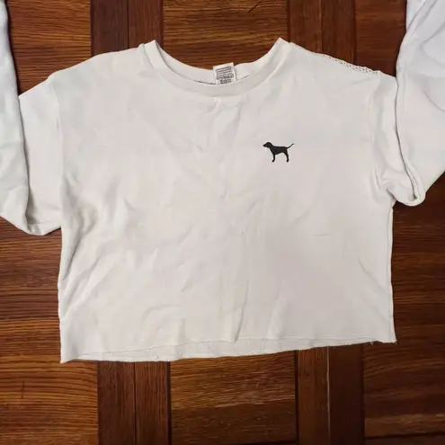 VS PINK White Crop Top Logo Lounge Sweater Small Mesh Back Womens Teens