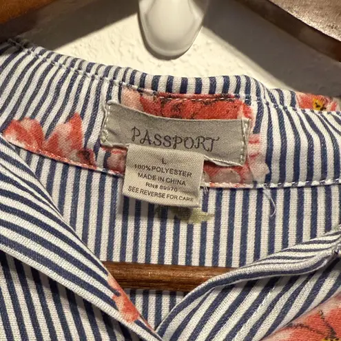 Passport Women’s Striped Floral Tie Front Button Down Blouse Large Blue White L