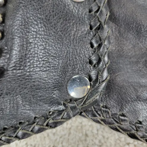 VTG Unik Leather Motorcycle Jacket Womens M Black Fringe Beaded Cropped Snaps Size M