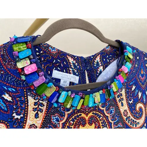 London Times Paisley Dress Boho Beaded Neckline Summer Spring Resort Vaca Tribal