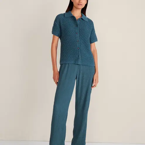 HAVEN WELL WITHIN WOMENS COTTON KNOT STITCH CARDIGAN SWEATER BUTTON LARGE TEAL Blue