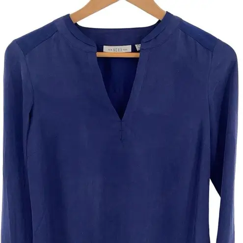 New Nexx York Womens Split V Neck Hi Low Silk Blouse Top Navy Patrion XS NWT Blue