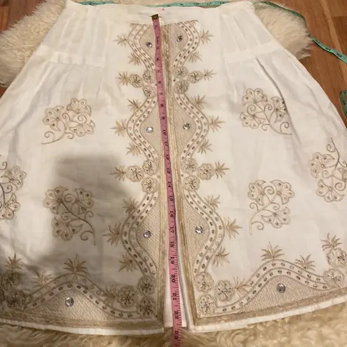 Anne Carson Linen Embroidered Beaded Midi Skirt Sz 6 Midi Slit Front Embellished