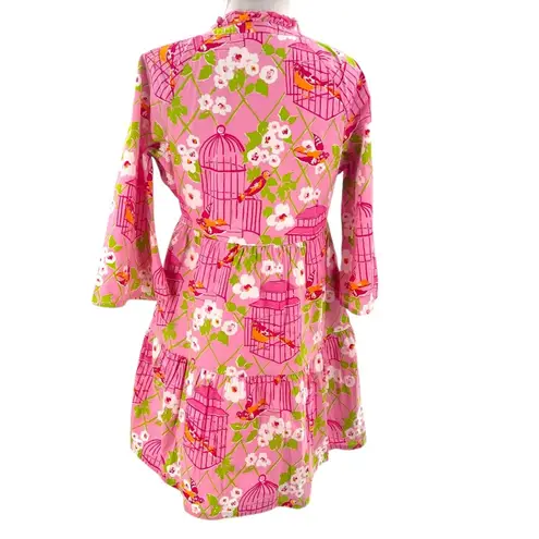 Spartina 449 Pink & Green Bird Wilson Maisie Ruffle Tiered Notch Neck Dress Sz M