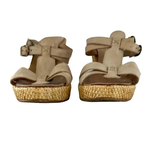 Sundance Beige Leather Open Toe Woven Wedge Heel Slides Size 38 Sandals Tan