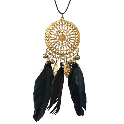 Black Feather Yellow Crystal Boho Gold Dreamcatcher Necklace