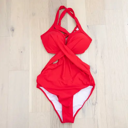 Womens Swimsuit Size L Red One Piece Halter Crisscross Resortwear Beach Summer Size L