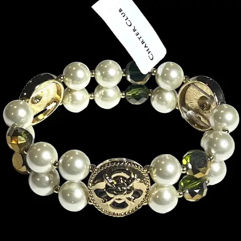 Charter Club NEW  STRETCH BRACELET Imitation Pearl Gold Coin & Green Bead Two-Row