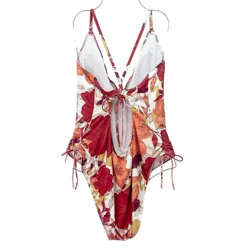 Mynah Floral One Piece Swimsuit Size XXL Plunge V Neck Tie Back Rust Pink Yellow Red - Image 4