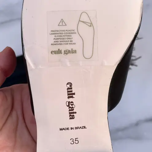 Cult Gaia NIB Ray feather-trimmed black leather flat mules sandal slipper IT 35