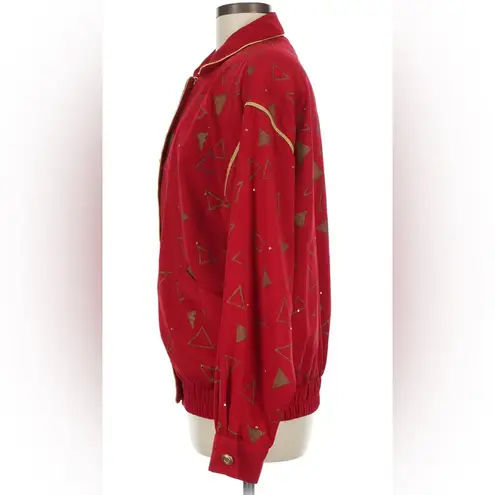 Vintage 80s 90s Bomber Jacket Bright Red Gold Geometric All Over Pattern AOP SzM Size M