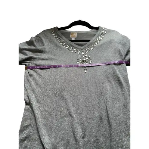 JM Collection Women's Gray Embellished V-Neck Sweater 1X 3/4 Sleeve