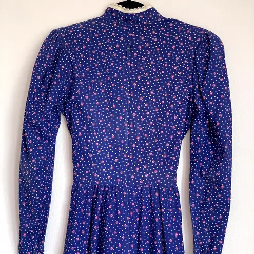Gunne Sax Vintage 80s Calico Floral Prairie Midi Dress in Blue