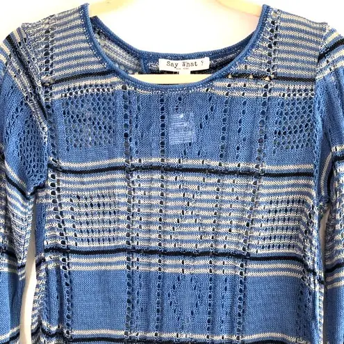 Say What? New Say What Split Back Striped Sweater Overlapping Open Knit Blue - Image 5