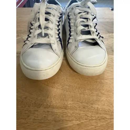 Tory Burch  Sport Ruffle Sneakers 9.5 White Navy‎ Calf Leather Lace Up Womens