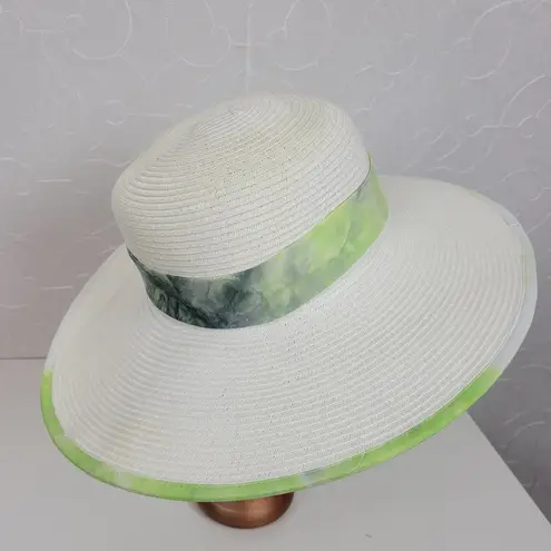 Sun n Sand Womens Sun Hat White Green Tie Dye Ribbon Trim Wide Brim Beach Summer