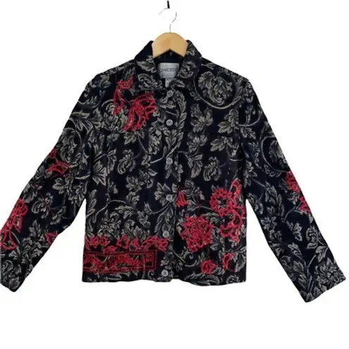 Chico's ‎ Dark Academia Artsy Boho Grunge Jacket sz 0 Sm Black Embroidered Lined