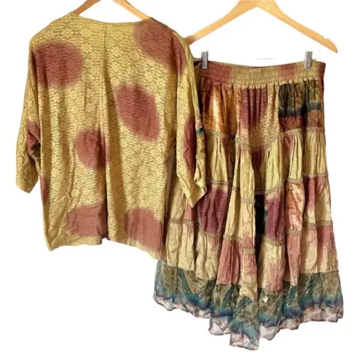 Vintage Boho Tiered Patchwork Festival Skirt Set Brown