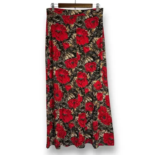 Vintage Y2K Maxi Skirt L Red Floral Tiger Animal Print Slinky Stretch Pull On Size L