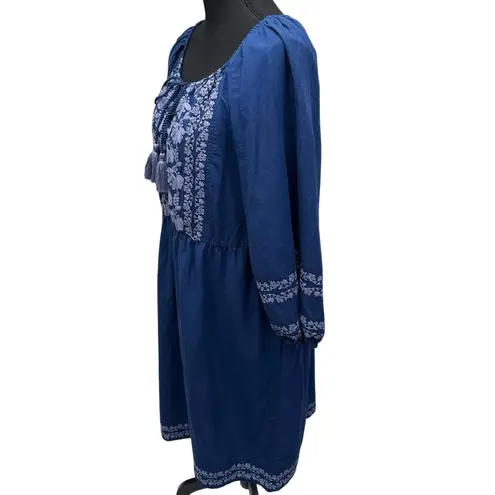 Sundance Catalog Embroidered Peasant Caspian Breeze Dress Size Medium Linen Bl Blue