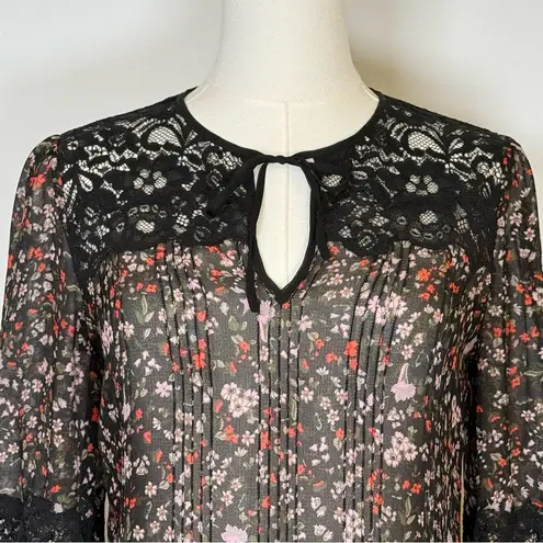 Rebecca Taylor ‘Lyra’ Red Floral Black Lace Pintuck Silk Blouse Women’s Size 00