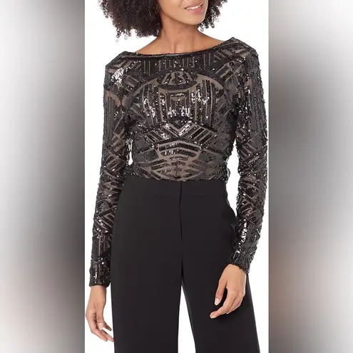 Dress the Population Leia Bodysuit Top Black Sequin Black & Nude Size XS