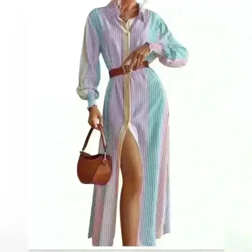 None New Striped button down ladies Size large maxi curved hem dress