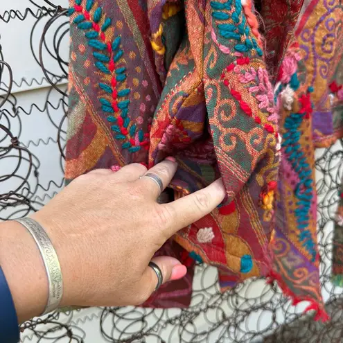 Anu Boho Wool Embroidered Multicolor Floral Fringe Jacket Art to Wear Small Pink