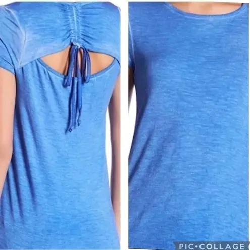 Joseph A NWT Drawstring Open Back Short Sleeve Semi-Sheer Top Blue XL