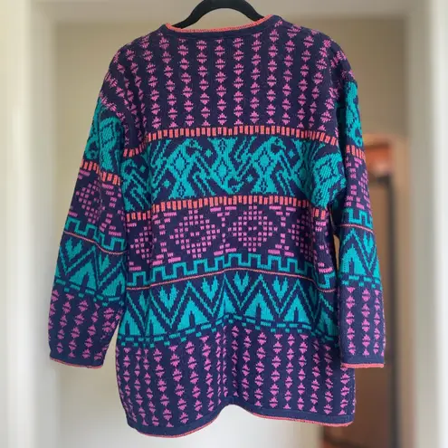 Vintage 80s Chunky Cardigan Sweater Bold Colorful Aztec Patterned Women's M Blue Size M