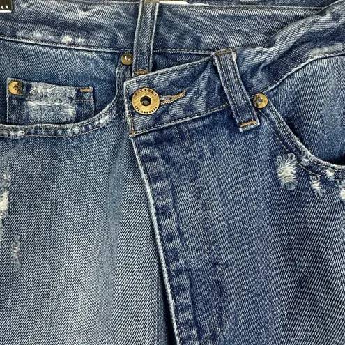 Pistola Mini Skirt Womens 25 Medium Wash Denim Distressed Crossover Waist Retro