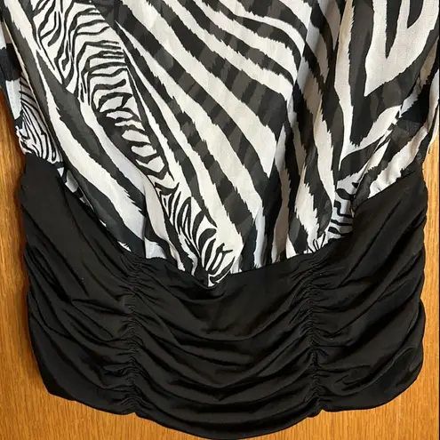 Papaya  Zebra Print Cold Shoulder Sheer Blouse gathered waist, Medallion chains