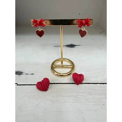 Red Heart Earrings Bundle Glitter Bow Studs 3D Textured Cute Kawaii Valentine