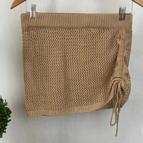 AIMAGE Tan Knit Ruched Semi Sheer Mini Skirt M 2BJ123 Brown Size M