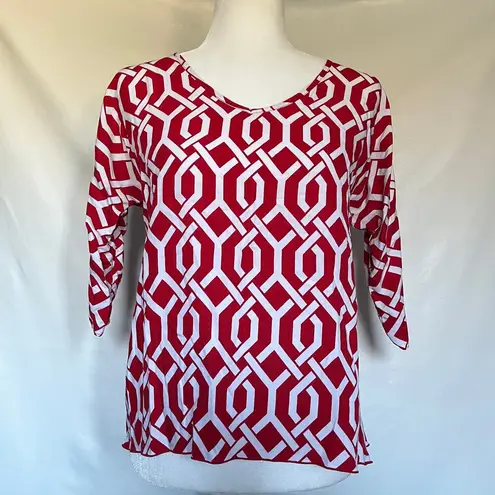 Escapada Pullover Womens Top Size XS Geometric Roll Tab Sleeve V-Neck Americana